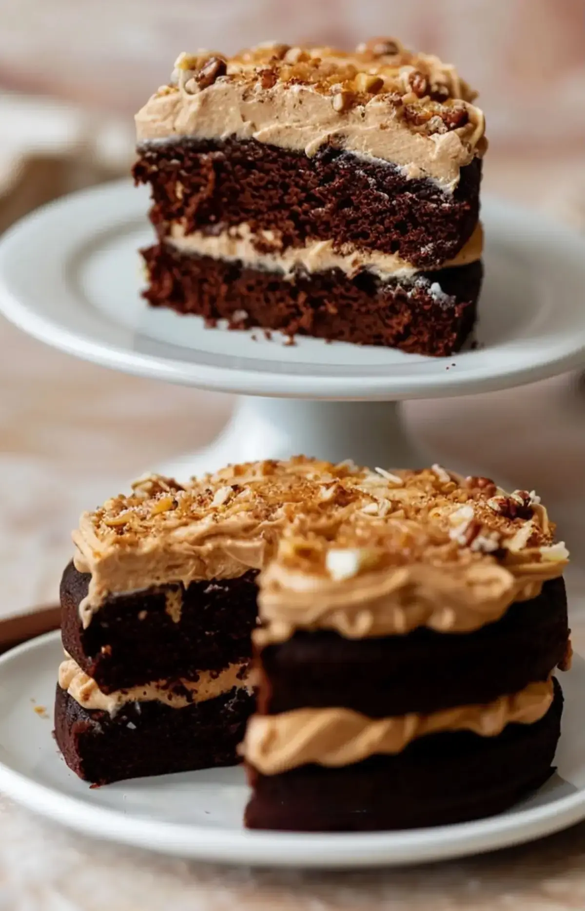 A collage showing a single slice of German chocolate cake on a cake stand and the remaining cake with a slice cut out, with toasted coconut and pecan frosting.
