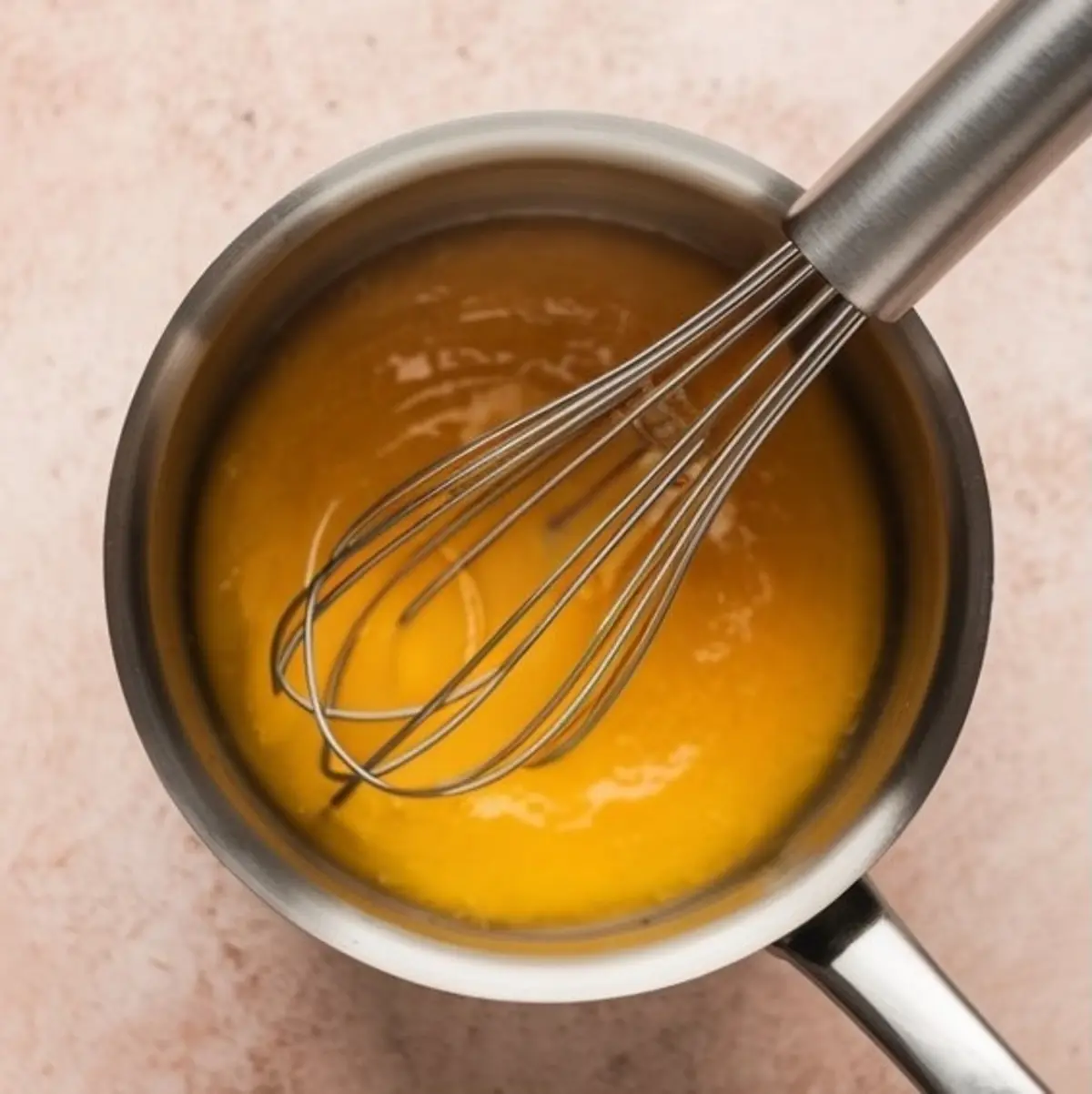 A saucepan with a golden yellow mixture being whisked, showing the early cooking stage of homemade German chocolate cake frosting.