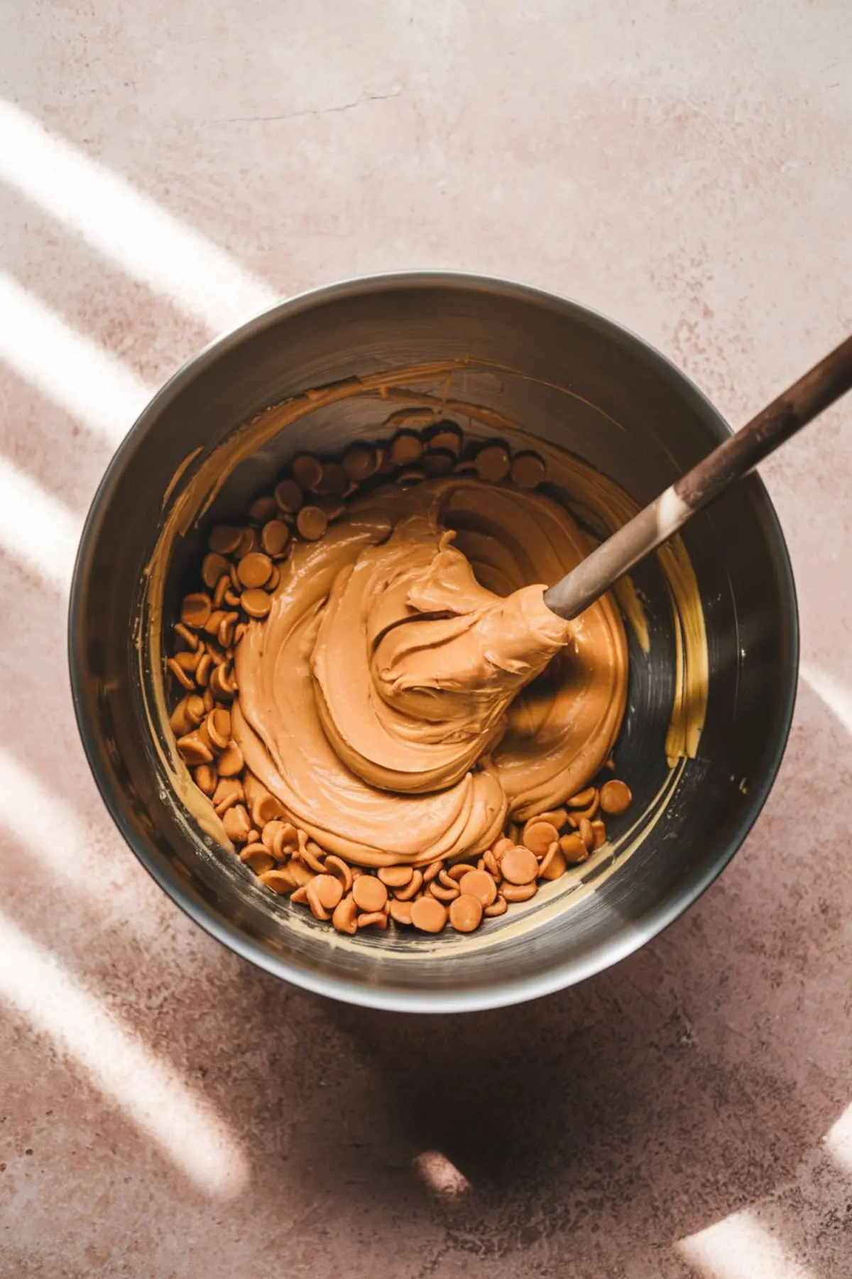 Metal mixing bowl containing melted peanut butter chips being stirred into a smooth mixture. The creamy blend forms the base for no-bake haystack treats, offering a glossy and rich texture ideal for binding cereal clusters.