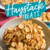 Top-down and close-up collage of cornflake peanut butter haystack treats. The top section displays cereal clusters on a white tray, while the bottom section zooms in on the texture of the finished treats in a ceramic bowl.
