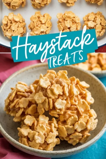 Top-down and close-up collage of cornflake peanut butter haystack treats. The top section displays cereal clusters on a white tray, while the bottom section zooms in on the texture of the finished treats in a ceramic bowl.