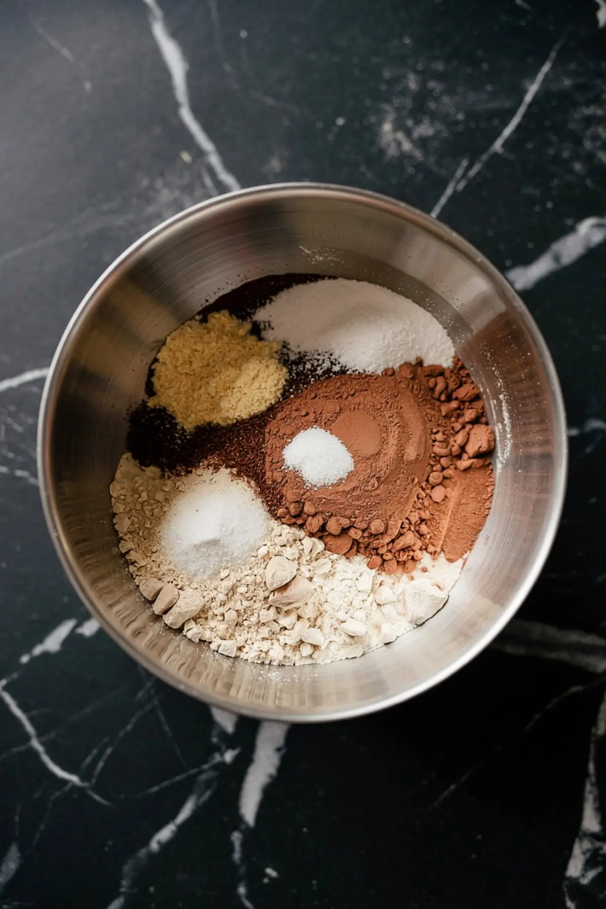 Overhead shot of a stainless steel bowl filled with dry cake ingredients like flour, cocoa powder, sugar, baking powder, and ground spices neatly separated before mixing.