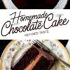 Overhead and side view of a homemade chocolate cake with glossy ganache, chocolate curls topping, and a slice served on a floral porcelain plate showing two moist layers with chocolate buttercream filling.