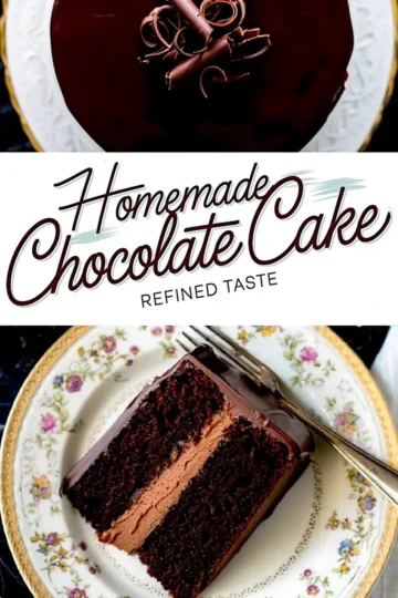 Overhead and side view of a homemade chocolate cake with glossy ganache, chocolate curls topping, and a slice served on a floral porcelain plate showing two moist layers with chocolate buttercream filling.