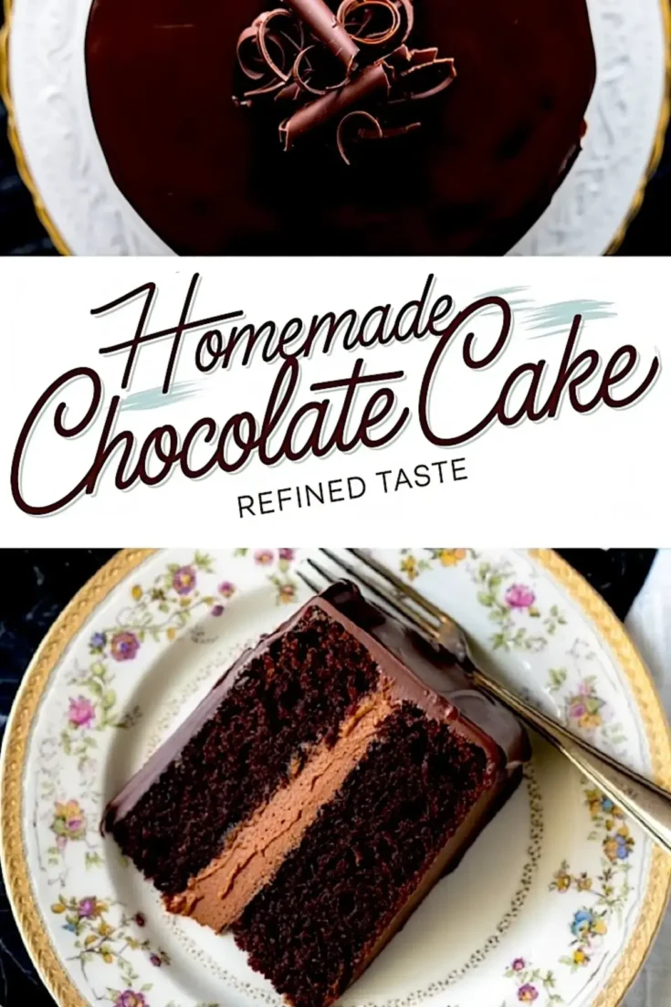 Overhead and side view of a homemade chocolate cake with glossy ganache, chocolate curls topping, and a slice served on a floral porcelain plate showing two moist layers with chocolate buttercream filling.