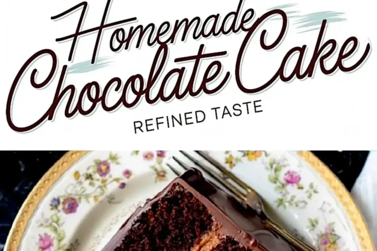 Overhead and side view of a homemade chocolate cake with glossy ganache, chocolate curls topping, and a slice served on a floral porcelain plate showing two moist layers with chocolate buttercream filling.