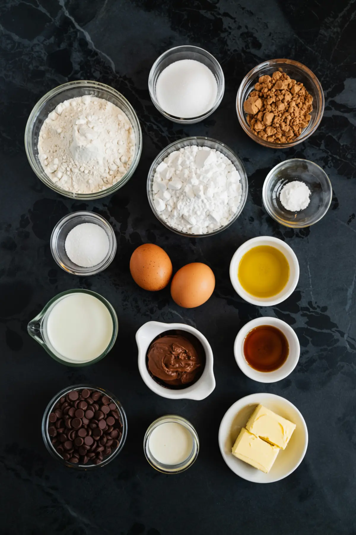 Flat lay of chocolate cake ingredients including flour, cocoa powder, cornstarch, sugar, eggs, milk, butter, vanilla extract, oil, baking soda, chocolate chips, heavy cream, and chocolate spread arranged on a black marble counter.