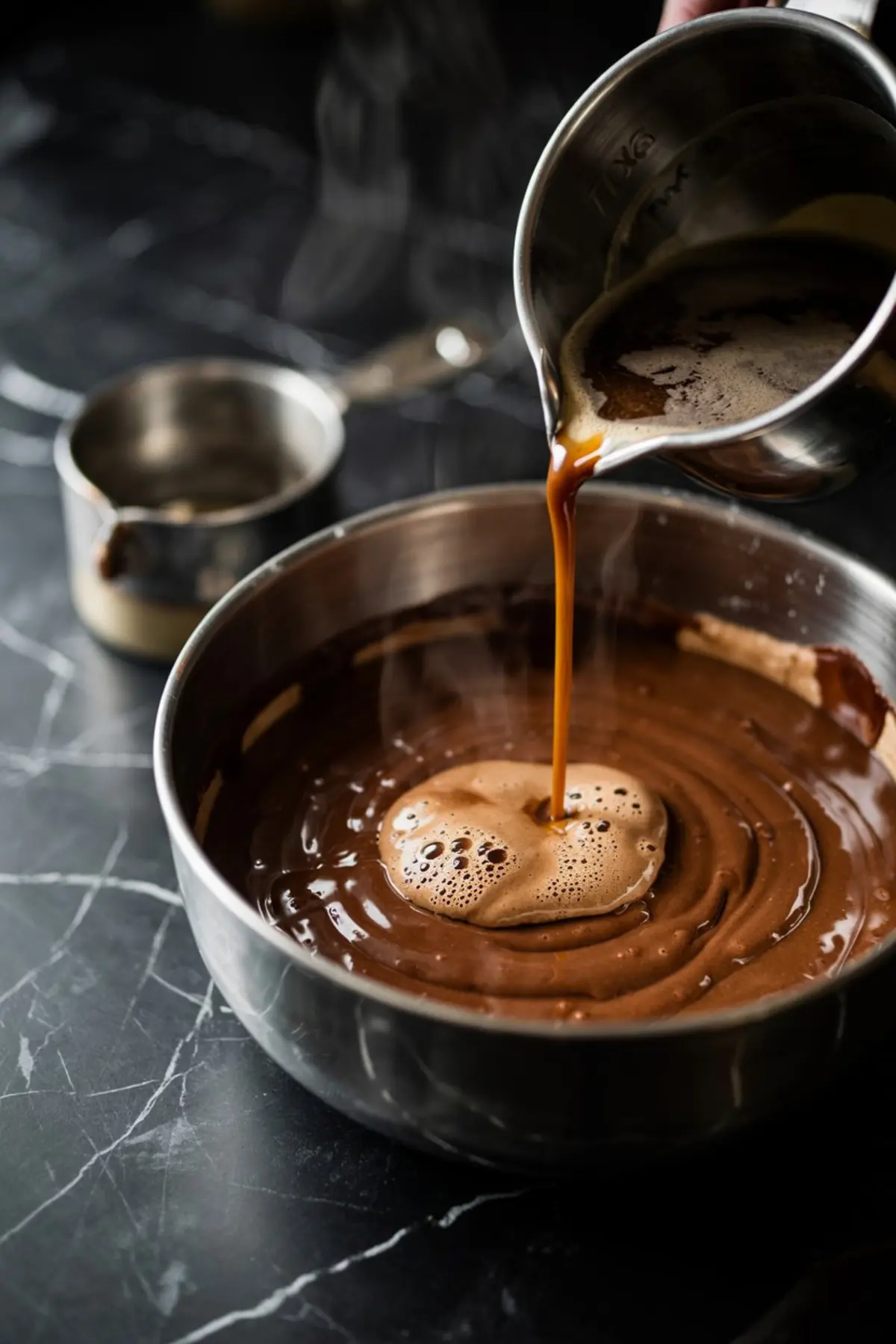Stream of hot coffee being poured into a bowl of chocolate cake batter, creating swirls in the smooth mixture in a metal mixing bowl on a dark marble surface.