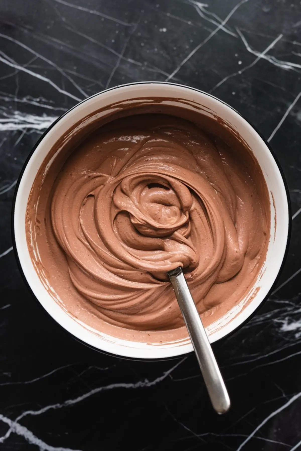 Thick and creamy chocolate cake batter fully mixed in a white mixing bowl with a spatula, forming soft swirls on a black marble countertop.