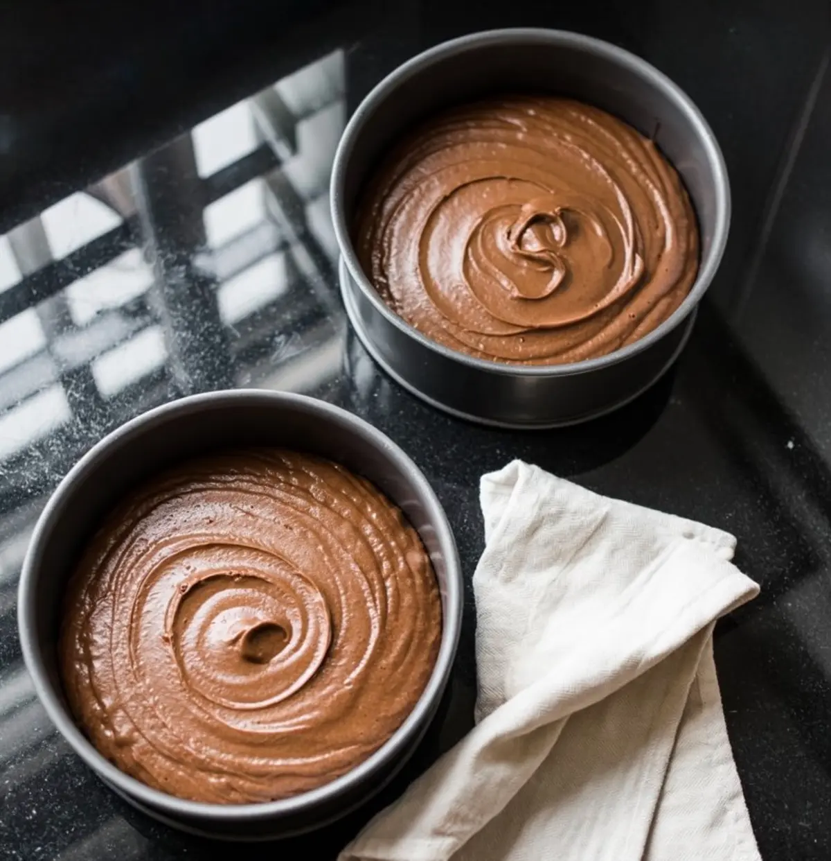 Two round baking pans filled with chocolate cake batter, evenly spread and ready for baking, placed on a glossy black counter beside a folded white kitchen towel.