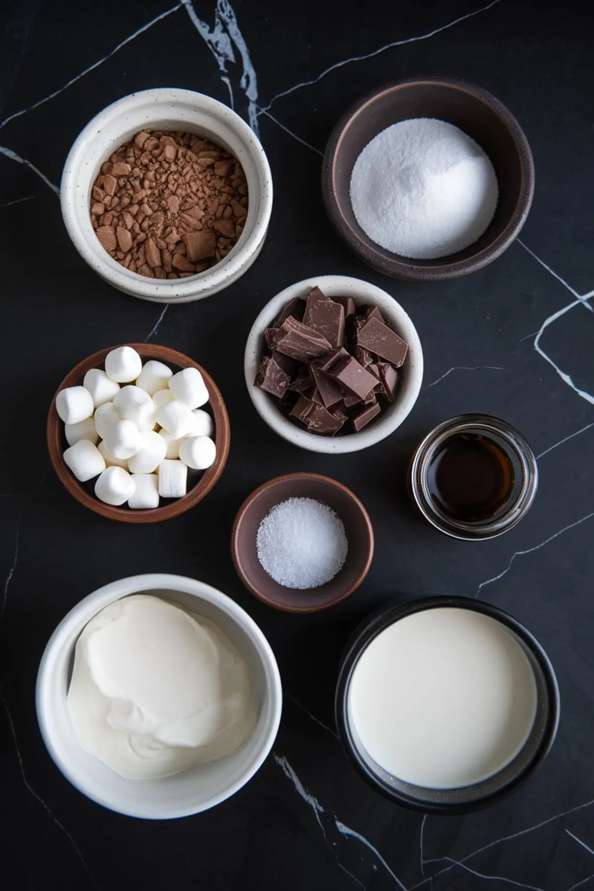 A flat lay of hot chocolate ingredients on a black marble surface, including cocoa powder, granulated sugar, marshmallows, chopped chocolate, sea salt, vanilla extract, cream, and milk. Styled for recipe preparation content and winter beverage inspiration.