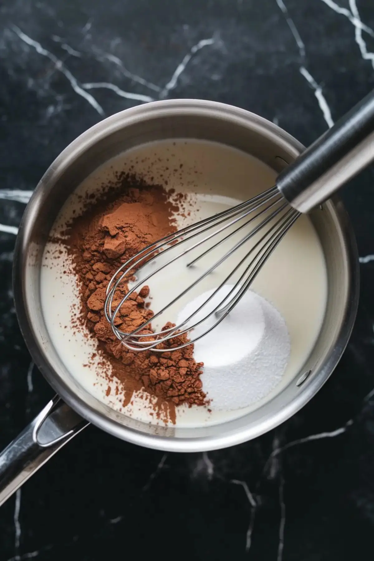 Overhead view of a saucepan filled with milk, cocoa powder, and sugar, with a metal whisk resting inside. Ingredients are unmixed, staged to highlight the beginning of the hot chocolate preparation process. Ideal for step-by-step recipe visuals.
