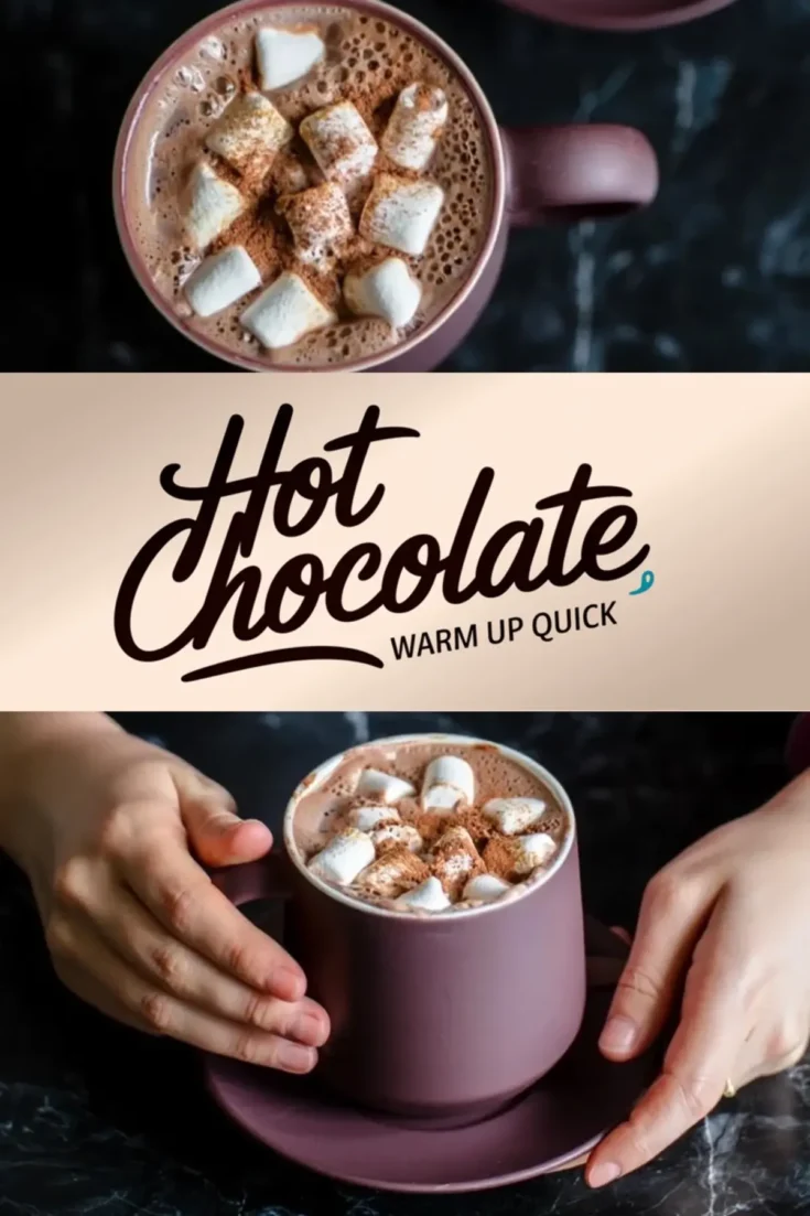 A collage with a mauve ceramic mug filled with hot chocolate, topped with marshmallows and a light cocoa dusting. One image shows a close-up from above, the other a person holding the mug with both hands. In the middle, bold script reads “Hot Chocolate – Warm Up Quick,” enhancing the inviting, seasonal drink presentation.