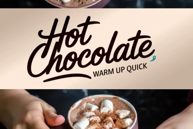 A collage with a mauve ceramic mug filled with hot chocolate, topped with marshmallows and a light cocoa dusting. One image shows a close-up from above, the other a person holding the mug with both hands. In the middle, bold script reads “Hot Chocolate – Warm Up Quick,” enhancing the inviting, seasonal drink presentation.