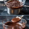 Glass bowl of chocolate chips melting over a saucepan using the double boiler method, followed by a close-up of smooth melted chocolate being stirred in a clear bowl on a dark countertop.