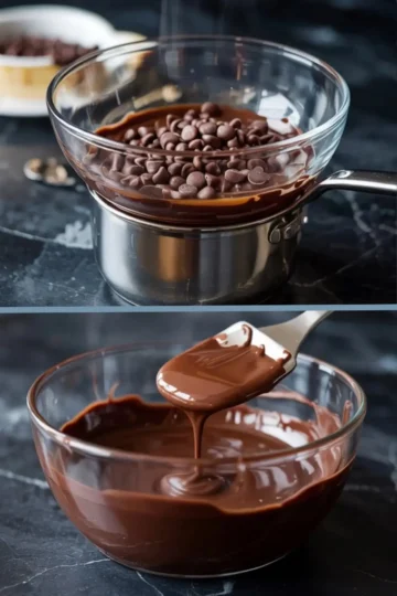 Glass bowl of chocolate chips melting over a saucepan using the double boiler method, followed by a close-up of smooth melted chocolate being stirred in a clear bowl on a dark countertop.