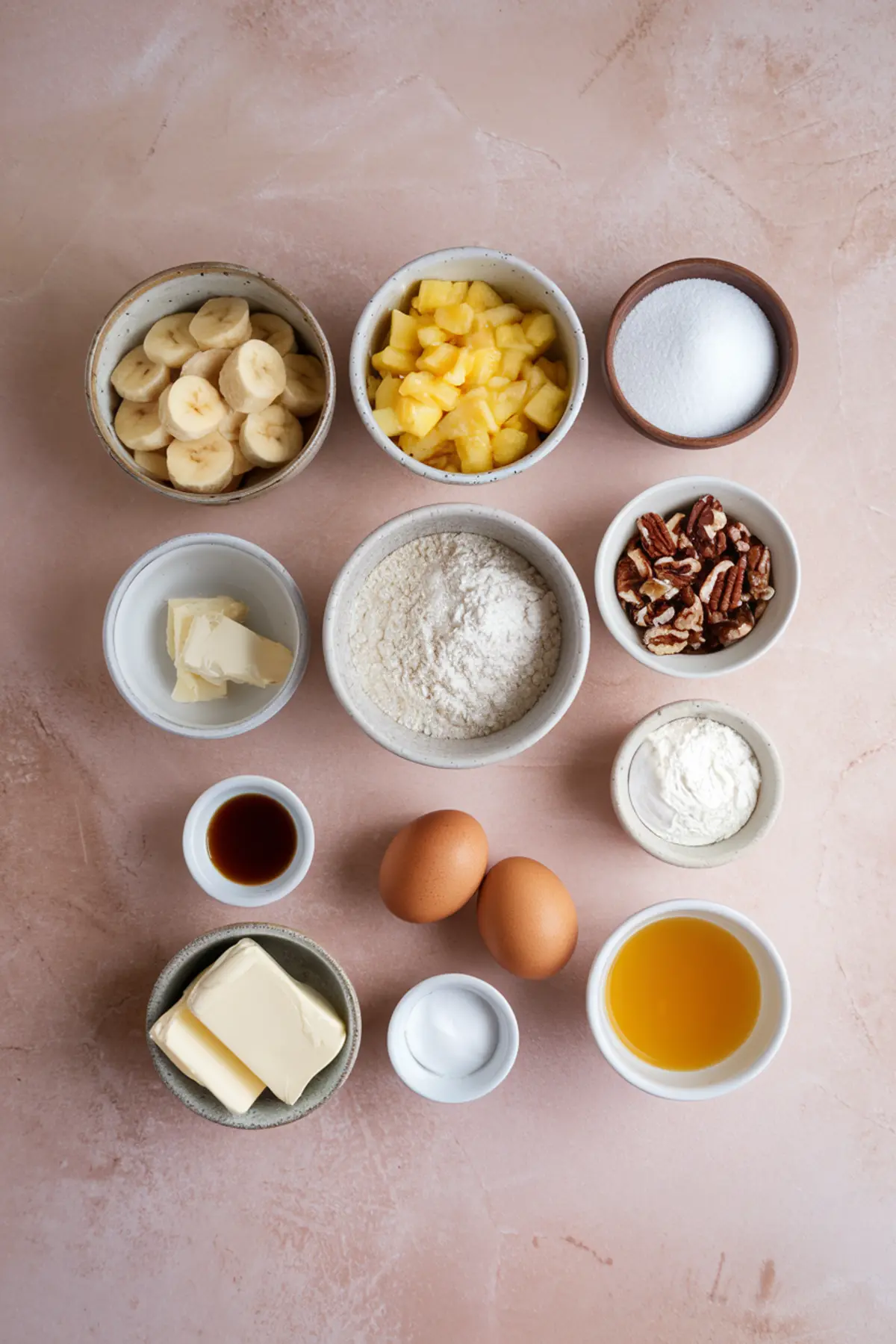 Flat lay of hummingbird cake ingredients including sliced bananas, chopped pineapple, sugar, flour, eggs, butter, pecans, vanilla extract, baking soda, and sour cream in ceramic bowls on a pink surface.