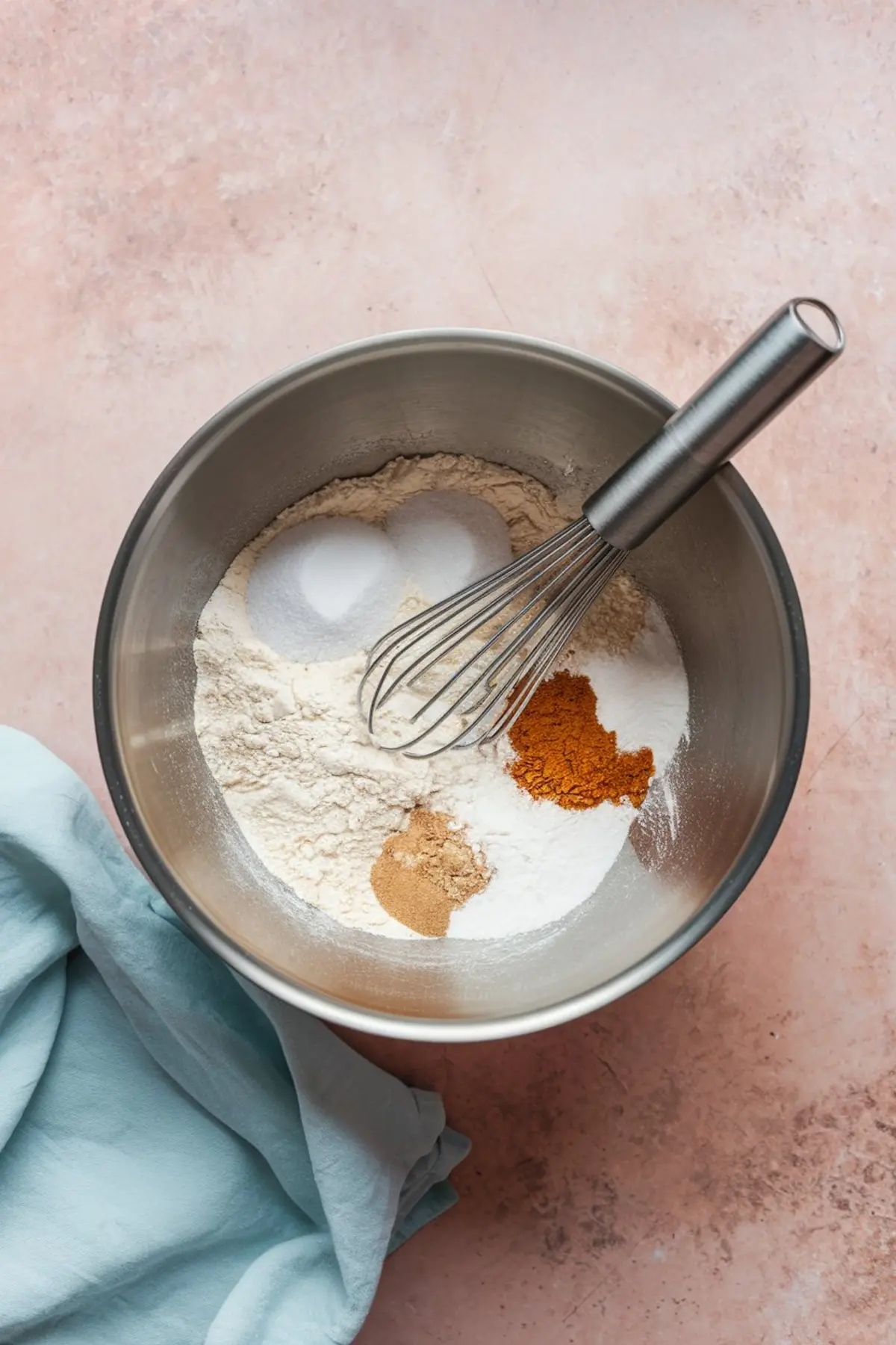 Stainless steel mixing bowl filled with flour, sugar, baking soda, cinnamon, nutmeg, and salt with a metal whisk resting inside, ready for baking hummingbird cake on a blush pink surface.