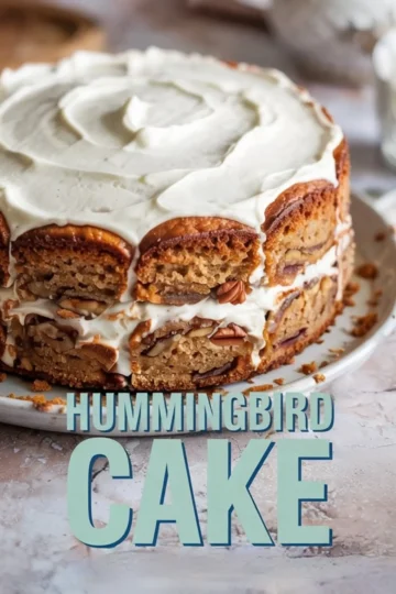 Frosted hummingbird cake decorated with cream cheese icing and toasted edges, displayed above a close-up slice showing layered banana-pineapple cake filled with pecans and fluffy cream cheese frosting.