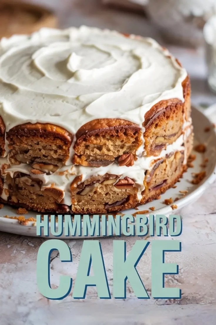 Frosted hummingbird cake decorated with cream cheese icing and toasted edges, displayed above a close-up slice showing layered banana-pineapple cake filled with pecans and fluffy cream cheese frosting.