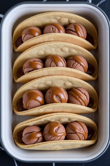 Tray of cookie tacos made with golden cookie shells, each filled with scoops of chocolate ice cream and topped with generous swirls of rich caramel sauce, arranged neatly on a dark marble background.