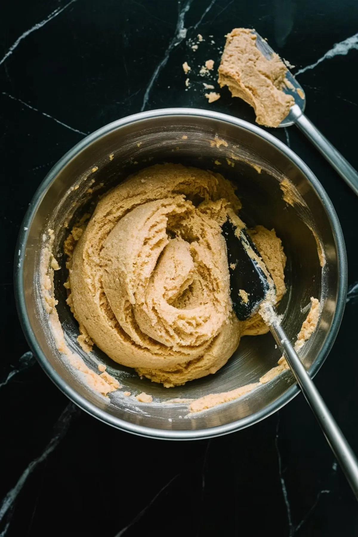 Stainless steel mixing bowl filled with freshly whipped cookie dough, showing a soft, fluffy texture. A spatula rests inside the bowl, with bits of dough clinging to the rim, all placed on a black marble countertop.
