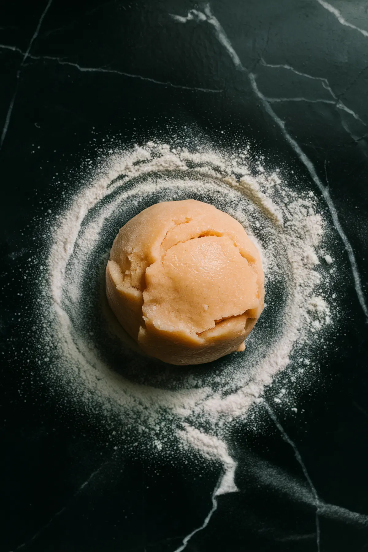 Round ball of cookie dough placed on a floured dark marble surface, ready for rolling. The dough has a smooth, slightly glossy texture surrounded by a ring of scattered flour.
