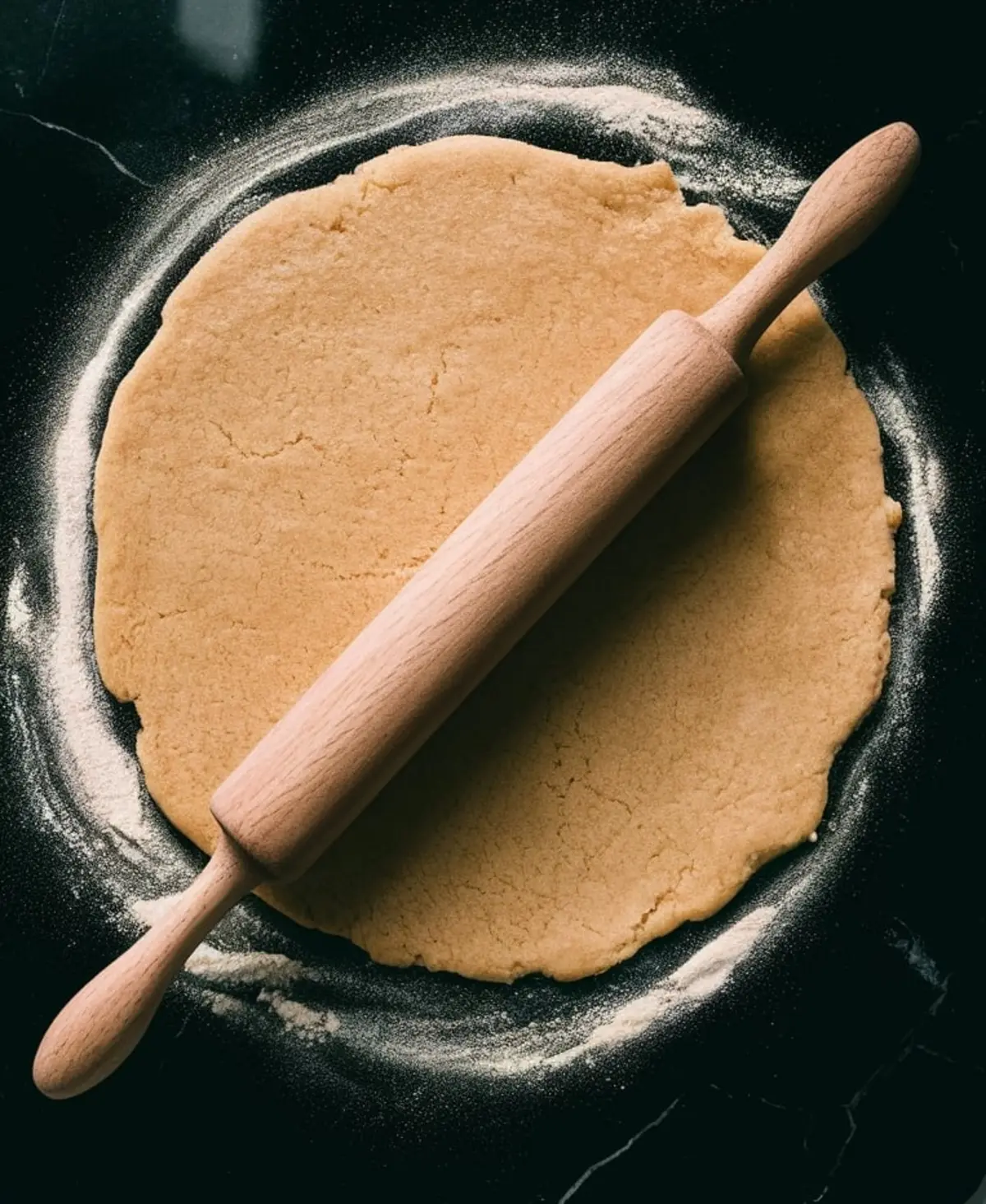 Rolled-out cookie dough in a large circle with a wooden rolling pin placed across the center. The dough rests on a floured black marble countertop, ready to be cut into shapes or baked.
