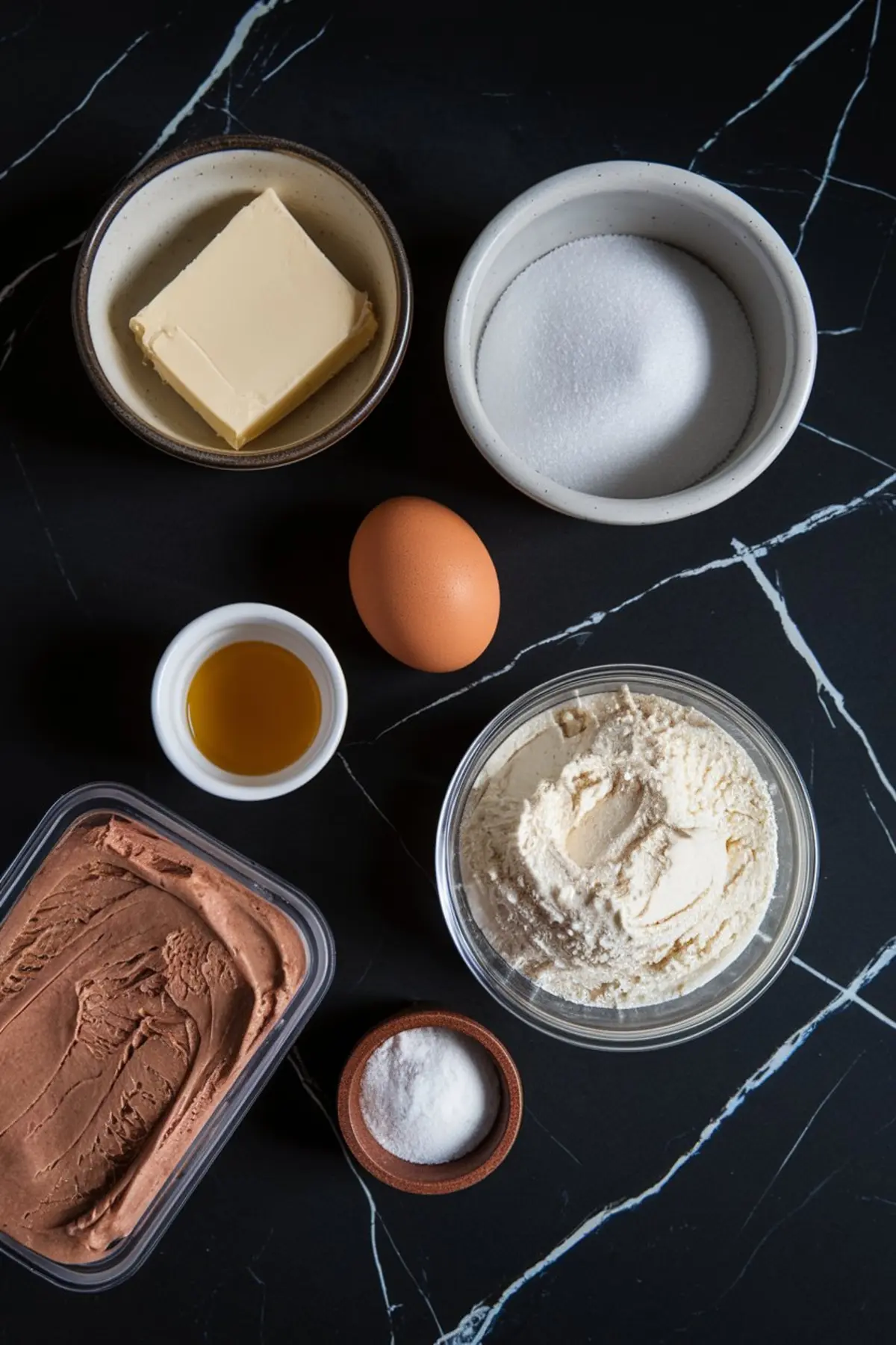 Flat lay of baking ingredients on a black marble surface, including butter, sugar, egg, vanilla extract, flour, baking soda, and a container of chocolate ice cream, arranged in small bowls and containers.
