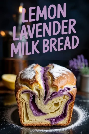 Vertical collage showing close-up slices of lemon lavender milk bread revealing layered swirls of lavender and lemon dough, topped with powdered sugar and decorative text.