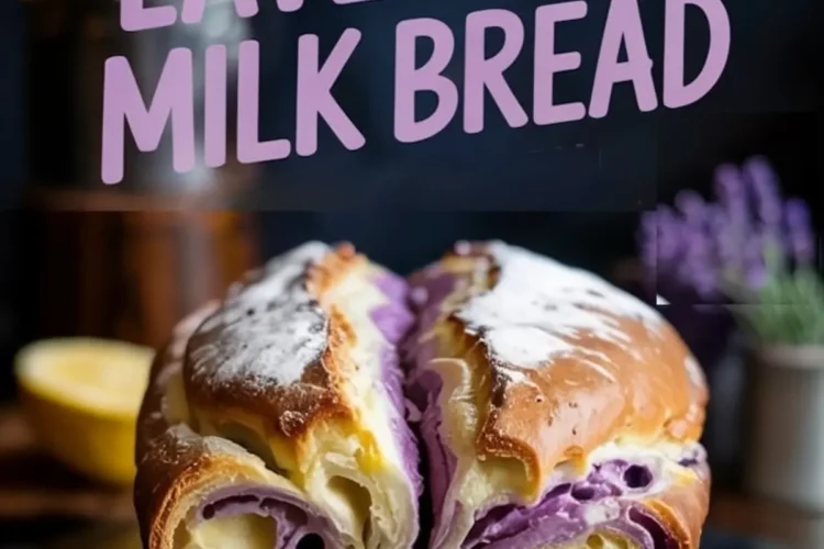 Vertical collage showing close-up slices of lemon lavender milk bread revealing layered swirls of lavender and lemon dough, topped with powdered sugar and decorative text.