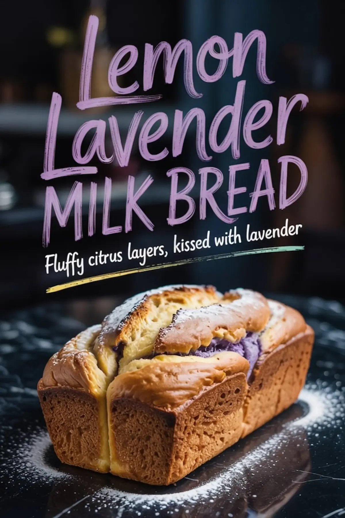 Image showing a golden-brown loaf of lemon lavender milk bread on a dark reflective surface, topped with powdered sugar and paired with bold lavender text reading “Lemon Lavender Milk Bread” and a tagline “Fluffy citrus layers, kissed with lavender.”