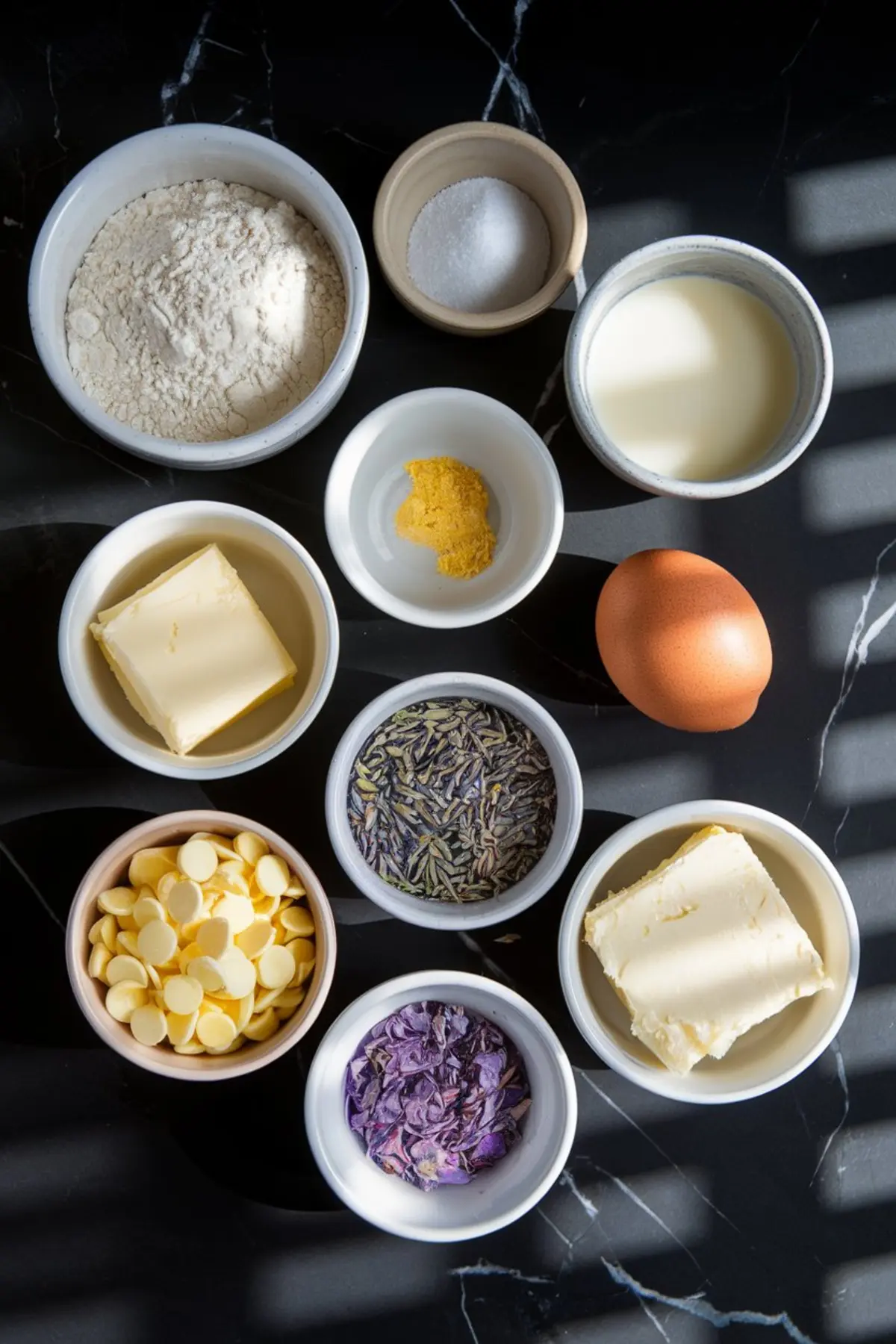 Flat lay of ingredients in small bowls for baking lemon lavender bread, including flour, sugar, milk, butter, egg, lemon zest, white chocolate chips, dried lavender, and purple edible petals.