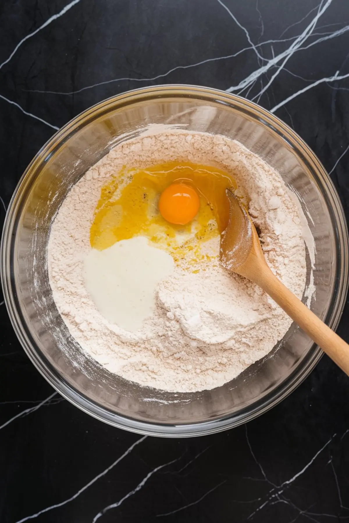 Overhead view of a mixing bowl with flour, cracked egg, milk, and melted butter being combined with a wooden spoon to form the base dough for milk bread.
