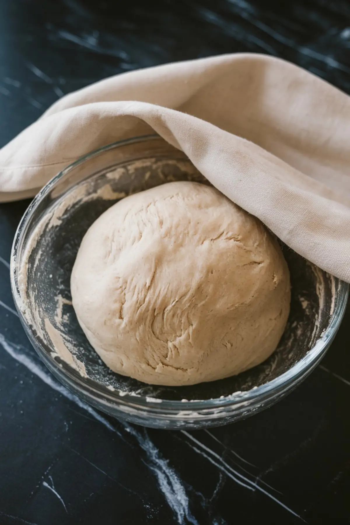 Round ball of proofed dough in a glass bowl partially covered with a beige cloth, set on a dark countertop during the resting stage of bread preparation.