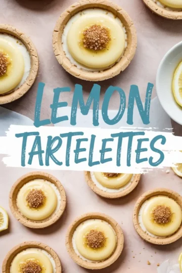 Flat lay of lemon tartelettes with smooth lemon curd and crisp tart shells, garnished with brown sugar clusters, surrounded by lemon slices on a blush pink backdrop with “LEMON TARTELETTES” title.