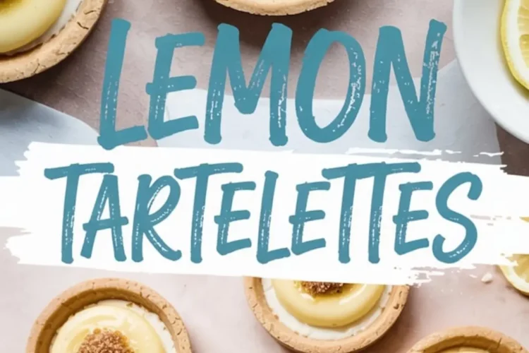 Flat lay of lemon tartelettes with smooth lemon curd and crisp tart shells, garnished with brown sugar clusters, surrounded by lemon slices on a blush pink backdrop with “LEMON TARTELETTES” title.