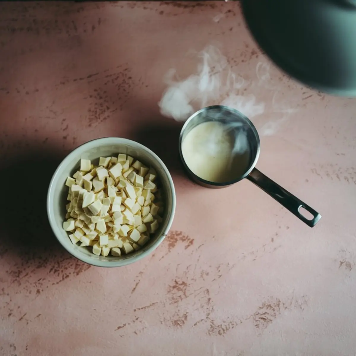 Bowl of chopped white chocolate beside a steaming saucepan of hot cream on a textured mauve surface, showing preparation for dessert ganache.