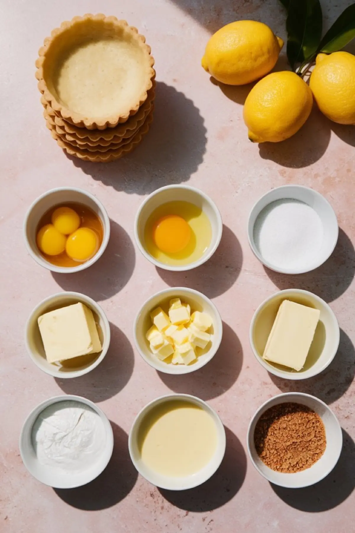 Organized flat lay of tart crusts, fresh lemons, eggs, butter, sugar, whipped cream, and ganache ingredients in small bowls on a sunlit pink surface, ideal for lemon dessert prep.