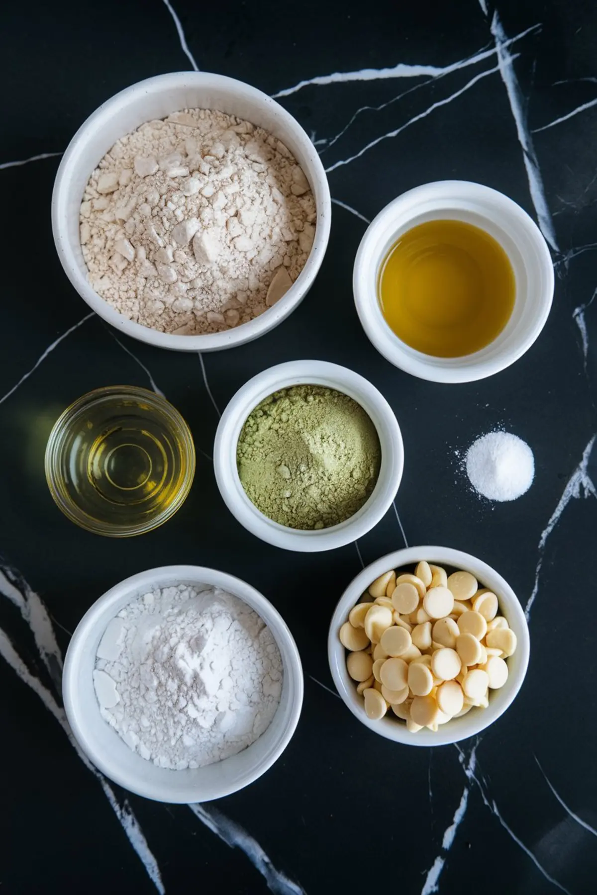 Flat lay of baking ingredients on a black marble surface, including matcha powder, white chocolate chips, flour, oil, and salt in white and clear bowls, used for making matcha white chocolate no-bake balls.