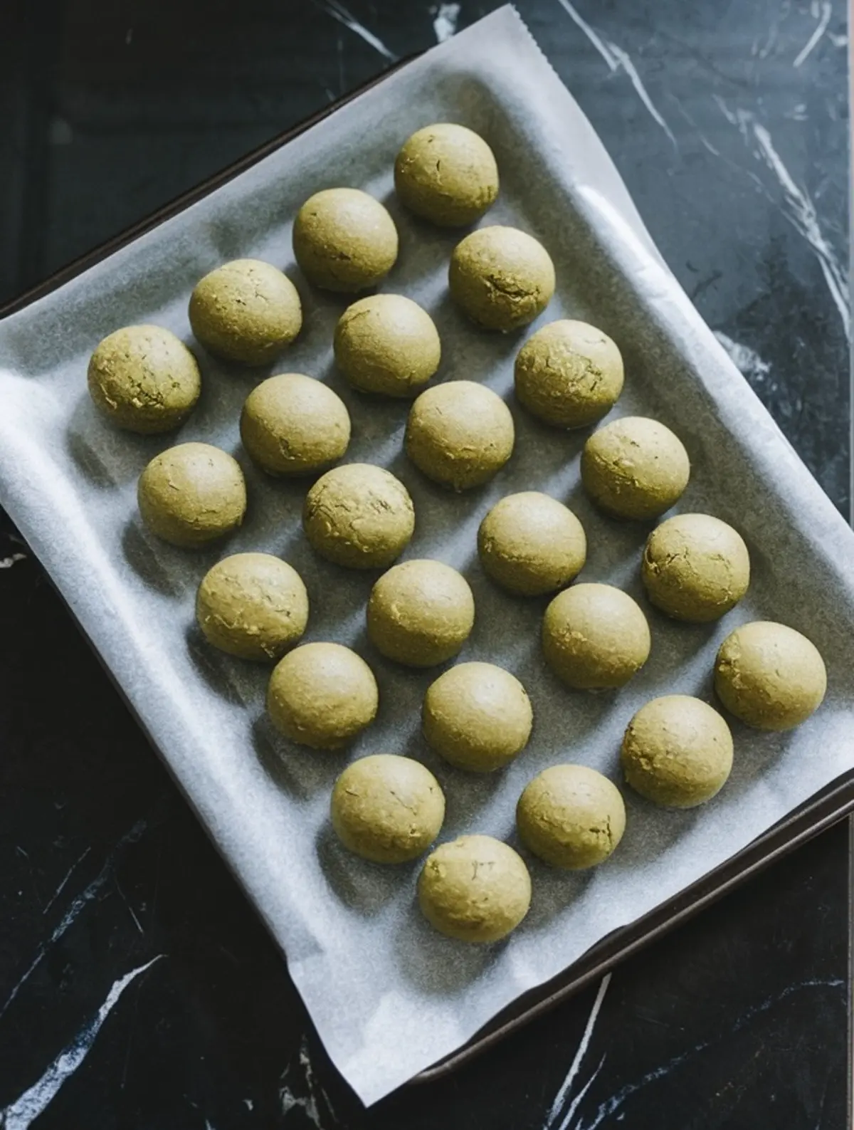 Rows of green matcha no-bake balls arranged on parchment paper over a baking tray, captured from above before chilling.