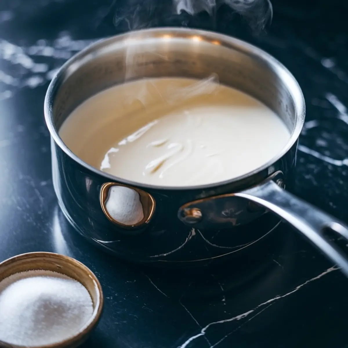 A saucepan filled with hot cream mixture releasing steam, sitting on a black marble countertop, with a small bowl of granulated sugar next to it.