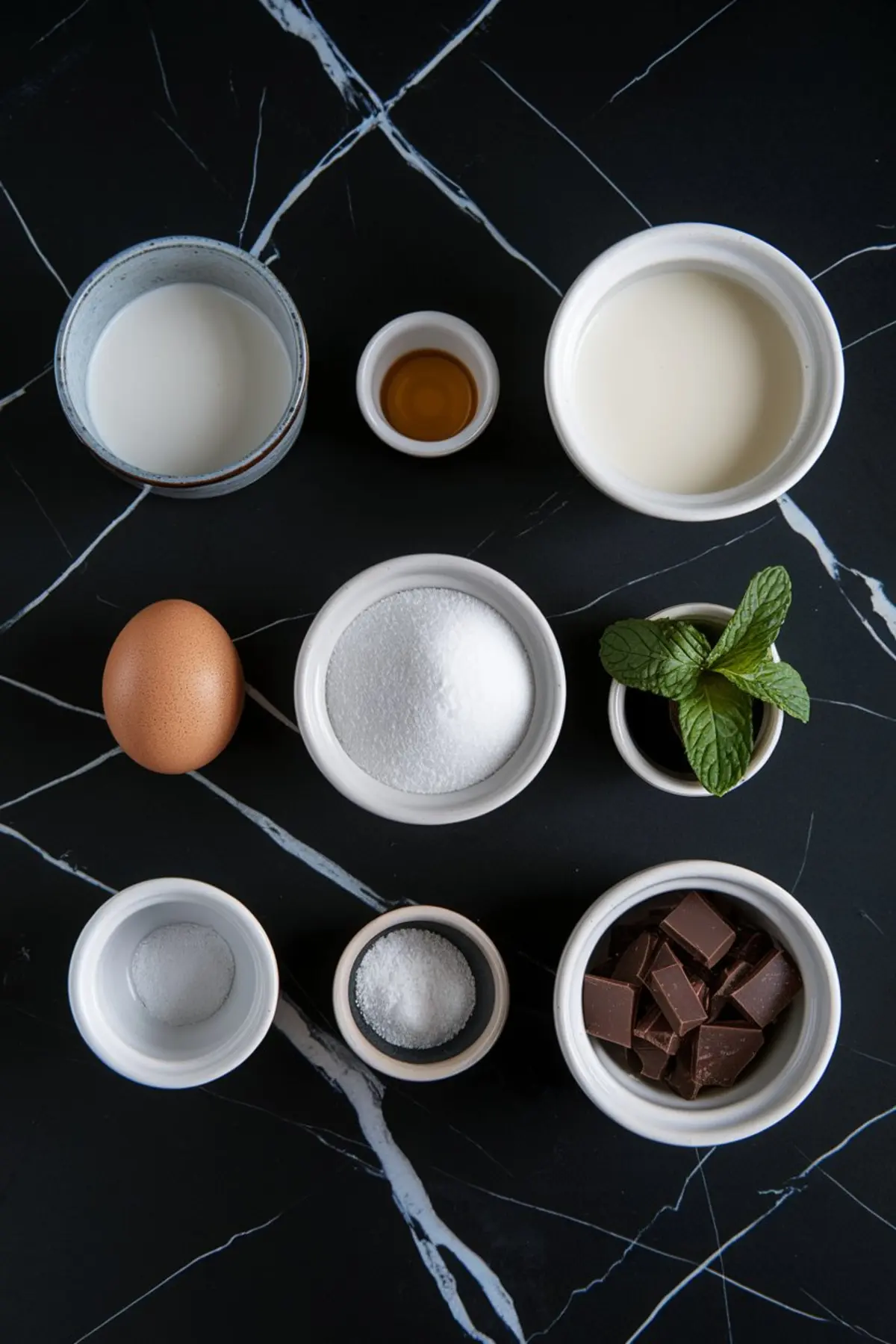 Flat lay of mint chocolate chip ice cream ingredients arranged on a black marble surface. Items include cream, milk, sugar, an egg, vanilla extract, salt, mint leaves, and chopped chocolate.