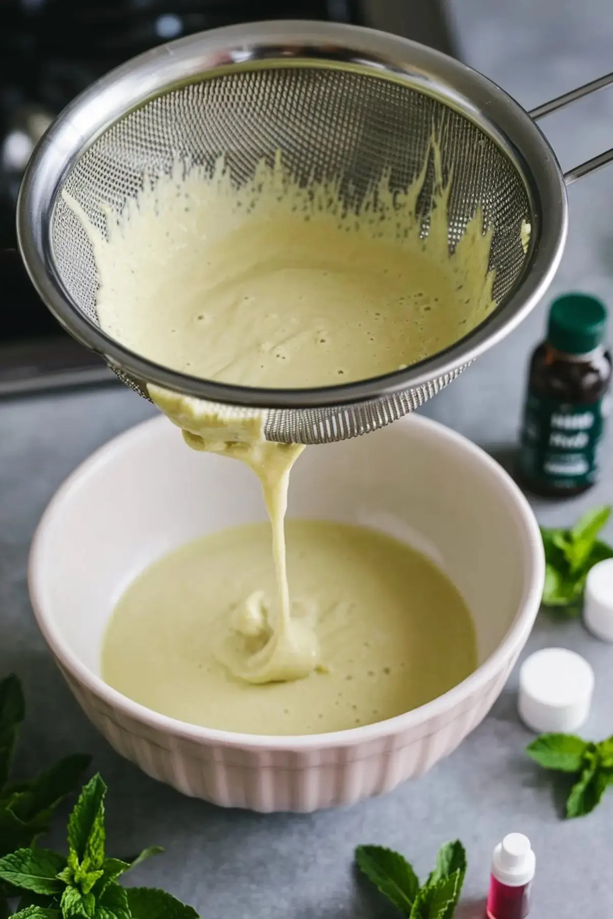 A pale yellow ice cream base being strained through a fine mesh sieve into a white bowl, surrounded by fresh mint leaves and small bottles of coloring and extract.