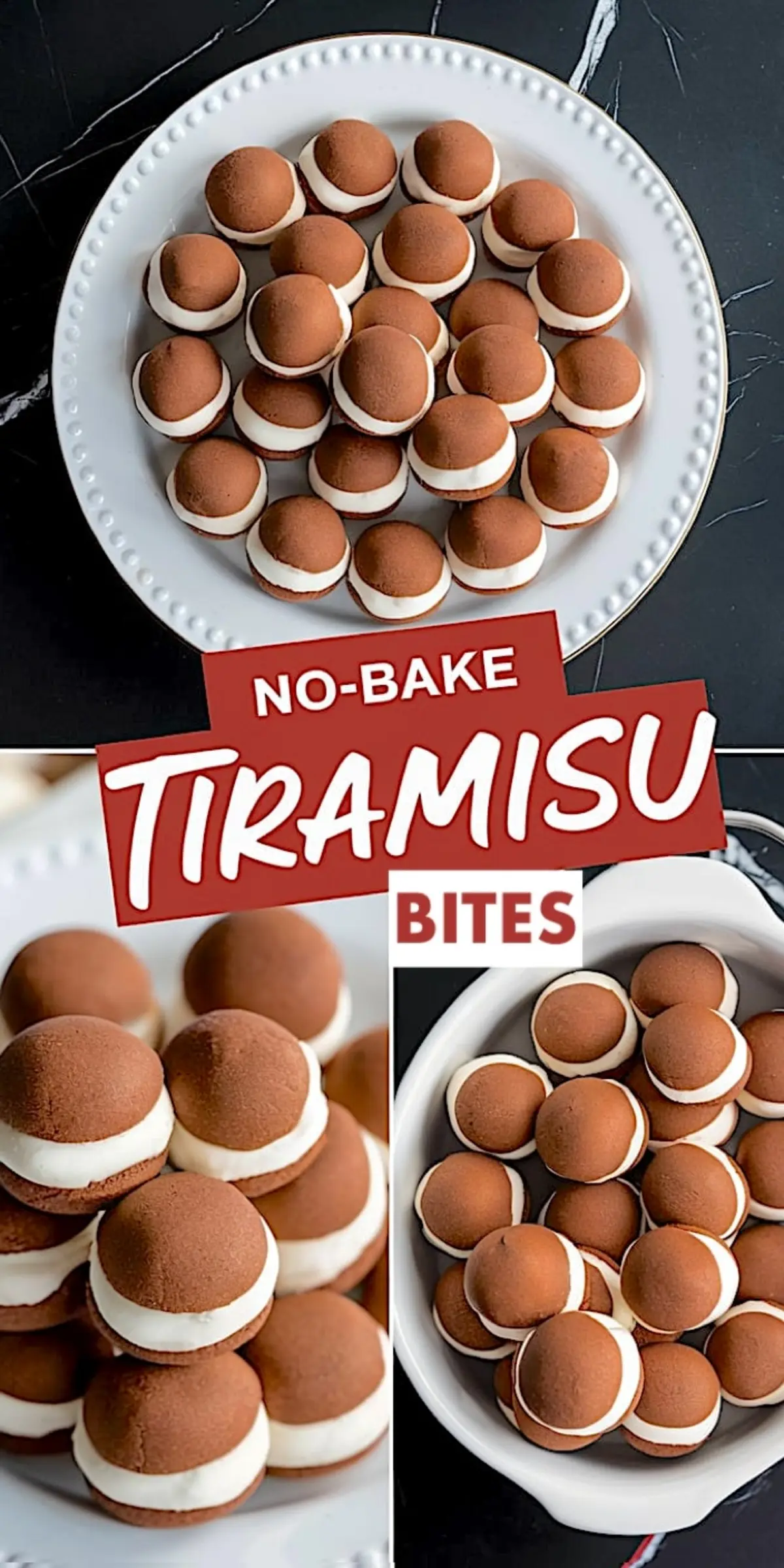 Collage showing no-bake tiramisu bites arranged on white plates, featuring soft cocoa cookie domes filled with creamy mascarpone filling. The top view and close-ups highlight the smooth whipped texture and dusted cocoa tops, ideal for dessert boards, party treats, or easy tiramisu recipes.