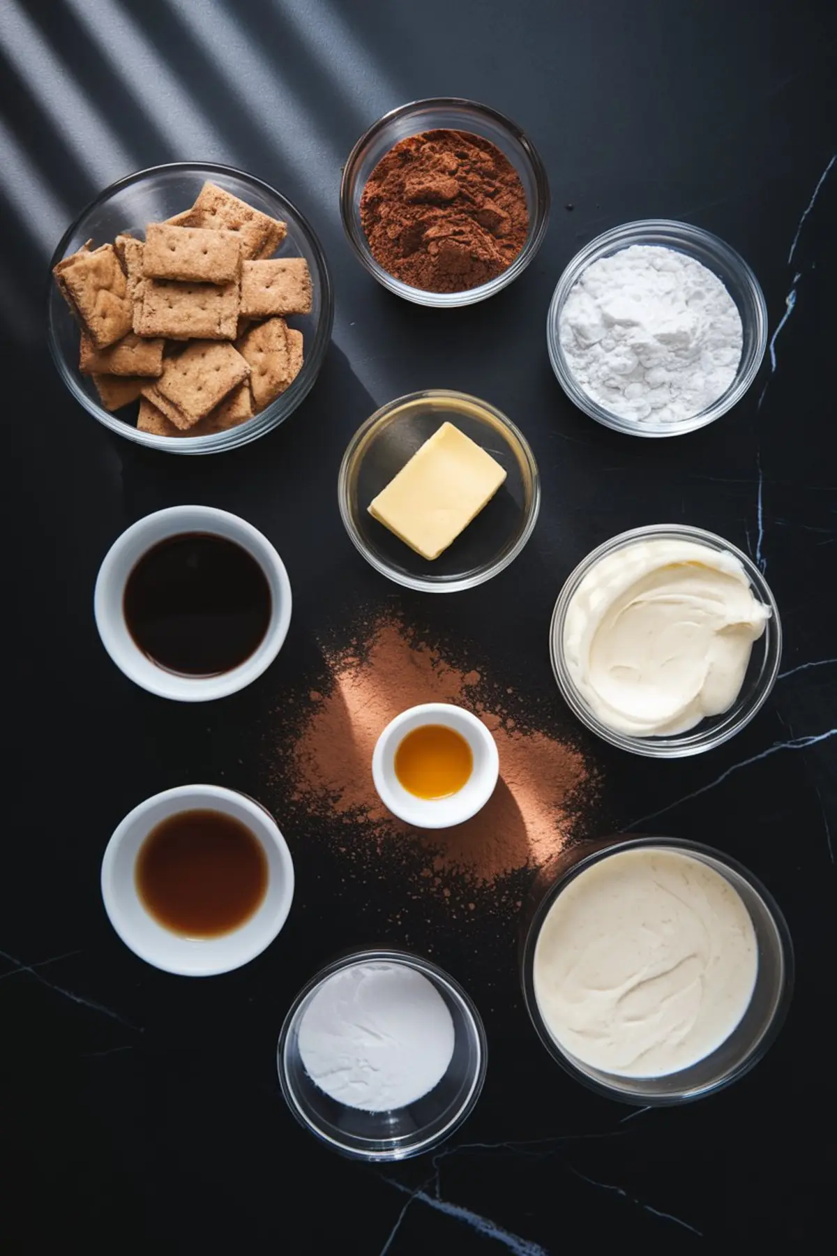Flat lay of tiramisu ingredients on a dark marble surface, including graham crackers, cocoa powder, powdered sugar, butter, mascarpone cheese, cream, espresso, vanilla extract, and other baking essentials. Great visual guide for no-bake dessert prep and ingredient inspiration.