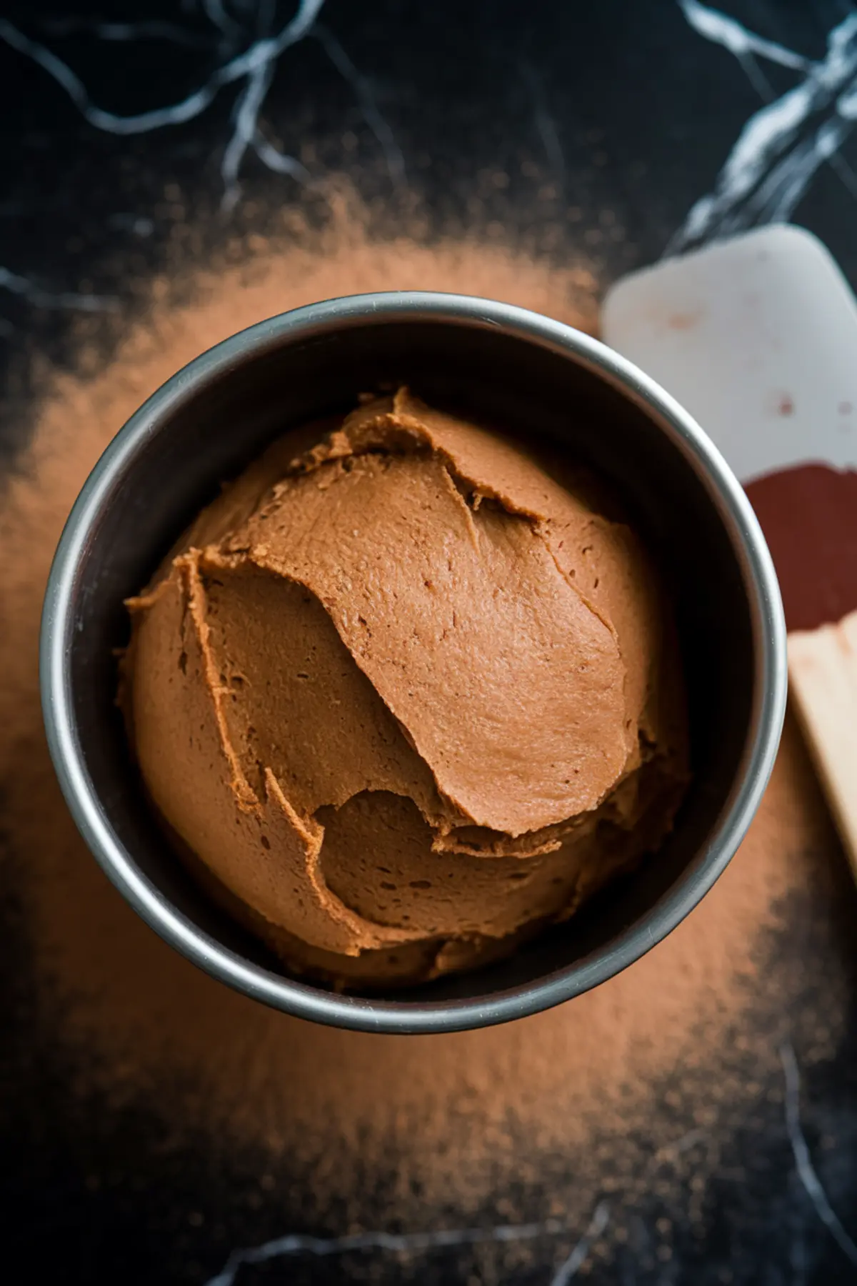 Close-up of a bowl filled with thick chocolate cookie dough, dusted with cocoa powder on the surrounding surface. Ideal for no-bake cookie recipes and dessert dough visuals.