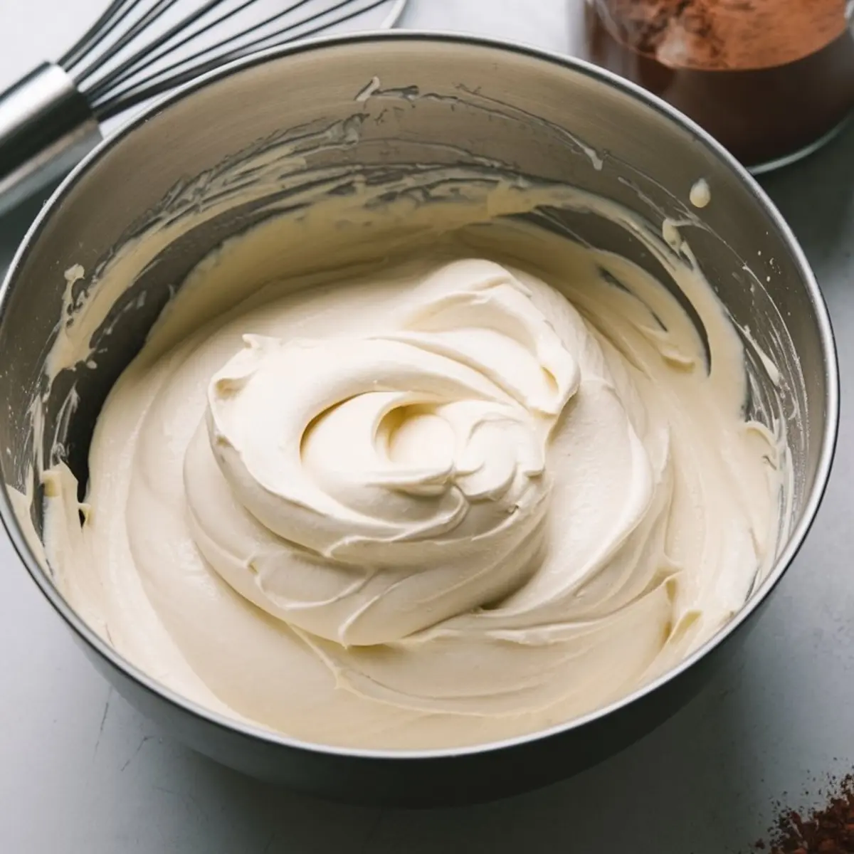 Stainless steel bowl of freshly whipped mascarpone cream filling with smooth, glossy texture. Perfect reference for tiramisu cream, dessert frosting, or whipped no-bake fillings.