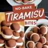 Collage showing no-bake tiramisu bites from various angles, highlighting cocoa cookie tops and creamy centers. Ideal for showcasing mini dessert presentation, sweet snack ideas, or bite-sized tiramisu variations.