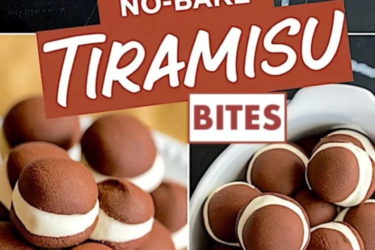 Collage showing no-bake tiramisu bites from various angles, highlighting cocoa cookie tops and creamy centers. Ideal for showcasing mini dessert presentation, sweet snack ideas, or bite-sized tiramisu variations.